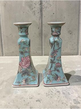 2 Vintage Chinese Famille Rose Candlestick Holders